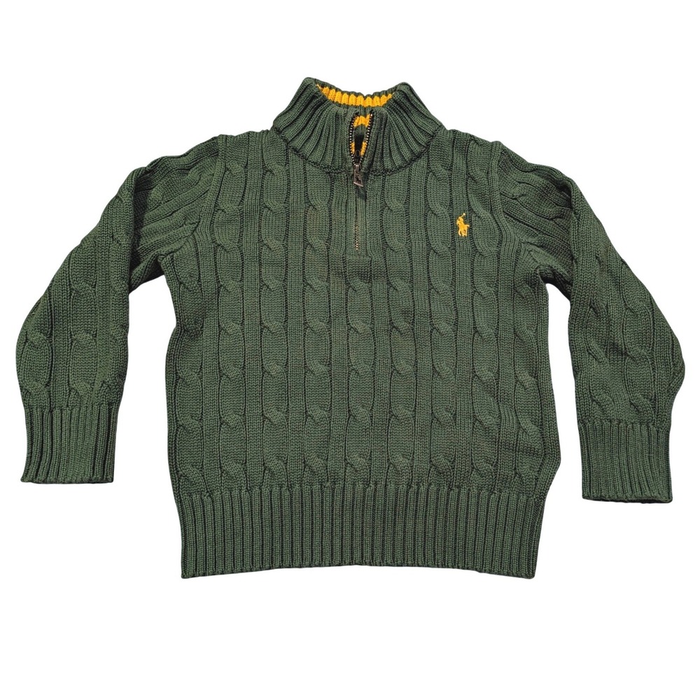 Polo Ralph Lauren Boys 3T Green Cable Knit Quarter Zip Sweater Yellow Pony Logo